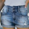 European And American Fashion Hot Style Spring And Summer Ripped Hem Elastic Hobo Mid Waist Denim Shorts Womens Hot Pants main 1