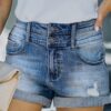 European And American Fashion Hot Style Spring And Summer Ripped Hem Elastic Hobo Mid Waist Denim Shorts Womens Hot Pants main 6